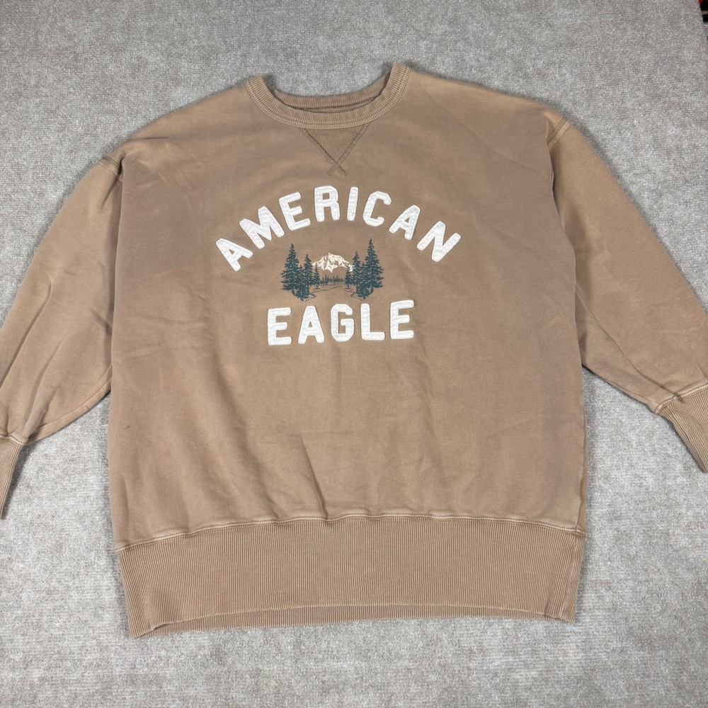 American Eagle Y2K Mens Brown Graphic Mountain Fleece Sweatshirt Size Medium
